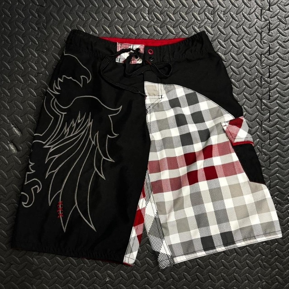 Sick Vintage Y2K Kids black & red checkered board shorts with a cool design